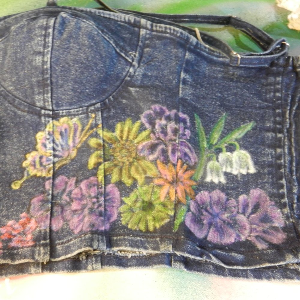 HAND CRAFTED floral denim bustier OOAK custom hand painted jean camisole top - Picture 7 of 16